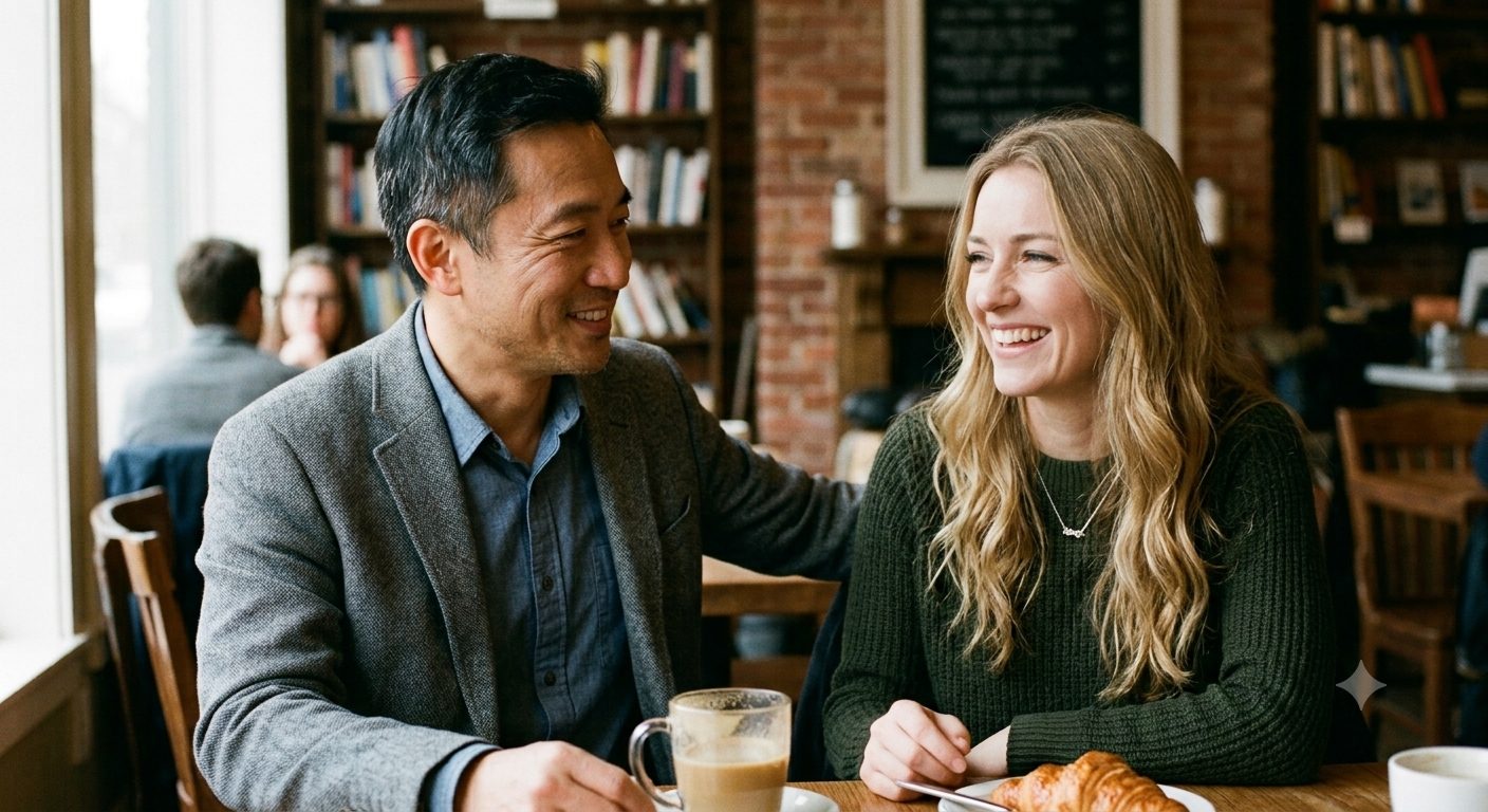 A couple in their forties laughing together over coffee
