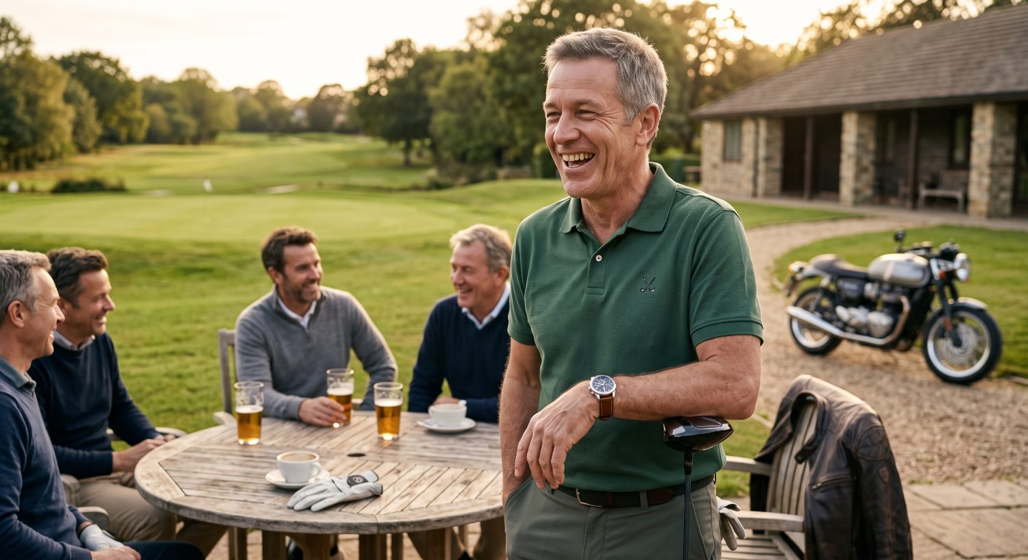 Men in their fifties laughing together after a round of golf